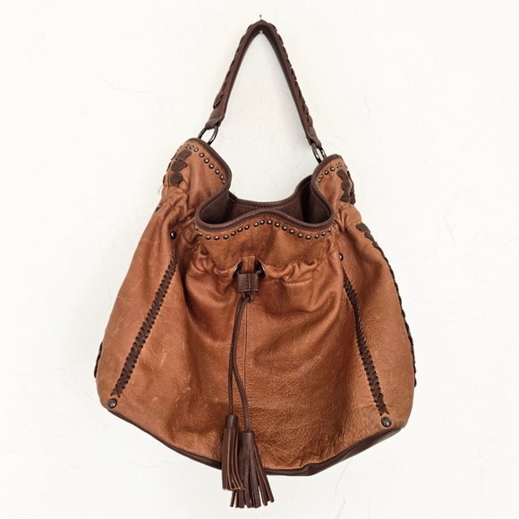 Isabella Fiore Leather Woven Drawstring Hobo Bag